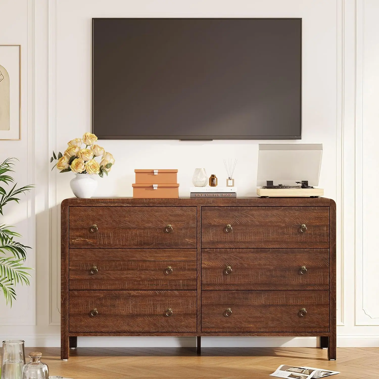 6-Drawer Industrial Rustic Brown Wood Dresser for Bedroom - Distressed Engineered Wood Sideboard, Natural Tone, Rounded Corners, Assembly Required, Bedroom Decor, Drawer Organization, Industrial Style Storage Cabinet, Bedroom Dresser, Brown Wood Storage D