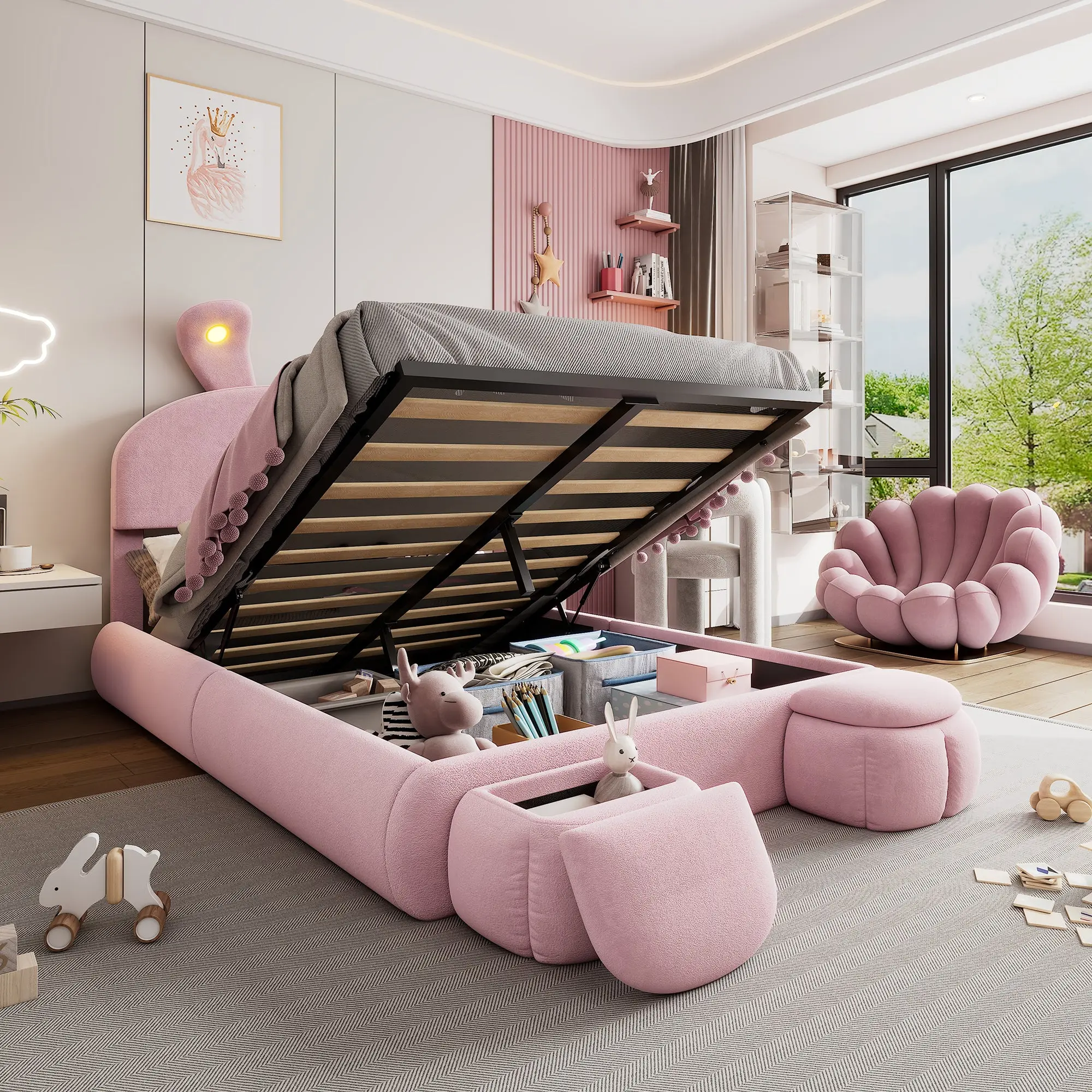Velvet Upholstered Storage Bed with LED Bunny Headboard – Hydraulic Lift Bed Frame