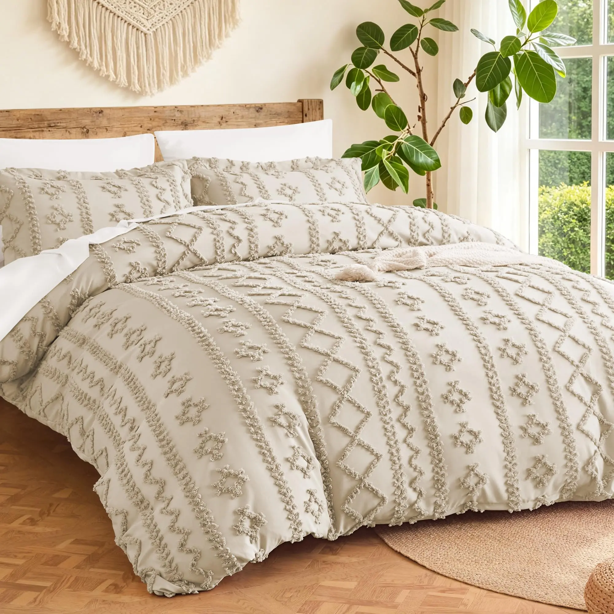 Boho Comforter Set Twin Size, Beige Farmhouse Embroidery Jacquard Bedding Set, 2 Pieces Soft Lightweight Textured Boho Bed Comforter for All Seasons, Ideal Gift for Women