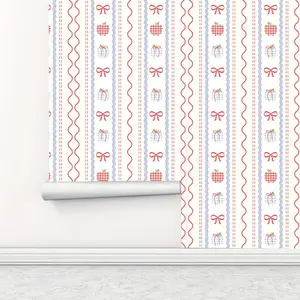 Vintage Cottagecore Style Ribbon Apple Pattern Wallpaper, 1 Roll Self-adhesive Waterproof Removable Wallpaper, Wall Decor for Home Living Room Kitchen Bedroom Dormitory