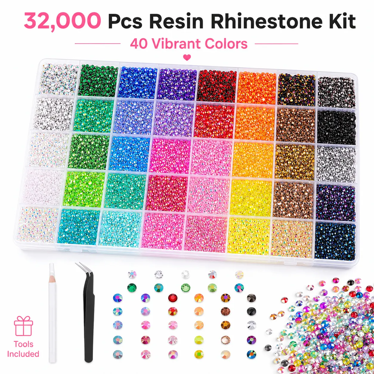 32000 Pcs 3mm Flatback Rhinestones Kit, 40 Resin Gems for Nail Art, DIY Tumbler Crafts