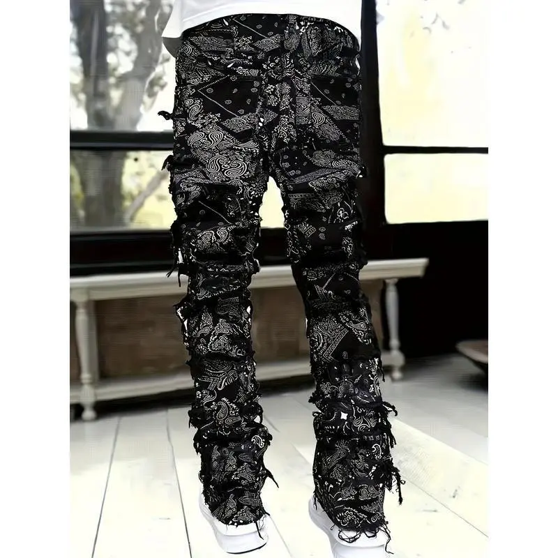 Men's Elastic Waist Straight-Leg Loose Fit Jeans with Red Paisley Print & Frayed Hem - Streetwear Style, Machine Washable, All-Season Comfort, Casual Streetwear