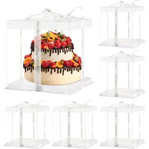 7" X 7" X 8" Ideal for 4" and 5" Inch two Layer Tiered Cakes Box,6 Pcs Transparent Cake Box with Ribbon for Pastries-Clear Boxes with Lid for Party and Display (White Lid, 7 * 7 * 8inch/6Pcs)