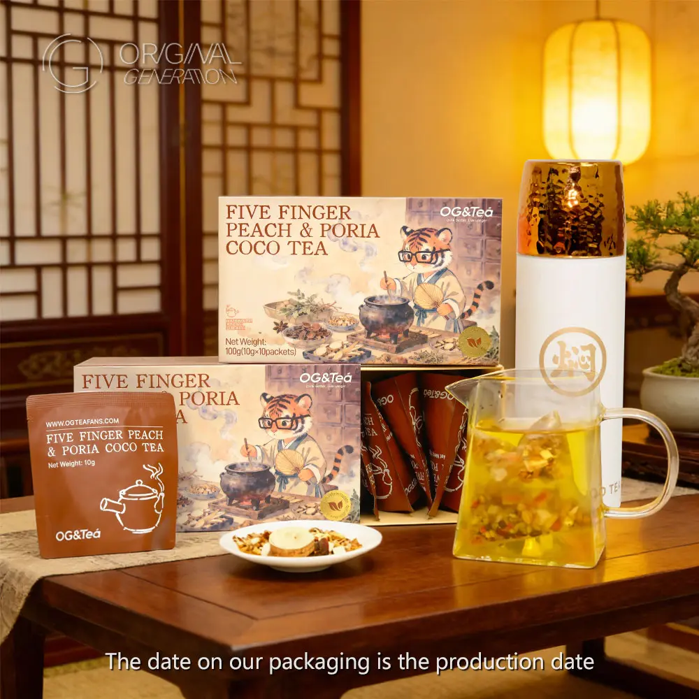 OG Anti Inflammation Tea · Five Finger Peach & Poria Cocos Herbal Tea · Caffeine Free · with Tartary Buckwheat Red Bean Raw Malt Coix Seed Orange Peel Gorgon Euryale Seed Gardenia