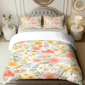 3PCS Duvet Cover Set, 1 Duvet+2 Pillowcases(Without filler), Floral Pastel Bloom Nature Garden theme, Spring bedding set, Flower Pattern Suitable for decoration Bedroom, Guest Room, Hotel, Cottage.