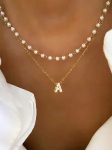 Pave Zirconia Initial Pendant Necklace, Stainless Steel Chain, Artificial Pearl Beads, Faux Pearl Jewelry, Trendy Simple Design, Perfect Gift for Women, Dainty Layering Jewelry, Necklace Set