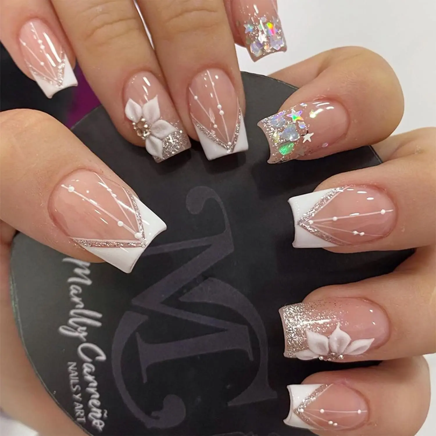 24Pcs Short Square Press On Nails French Tip Fake Nails with 3D Flower & Star Rhinestones Design Glitter False Nails White Nails Tips Full Cover Acrylic Nails Reusable Glue On Nails for Women Manicure