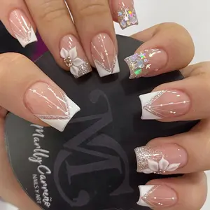24Pcs Short Square Press On Nails French Tip Fake Nails with 3D Flower & Star Rhinestones Design Glitter False Nails White Nails Tips Full Cover Acrylic Nails Reusable Glue On Nails for Women Manicure