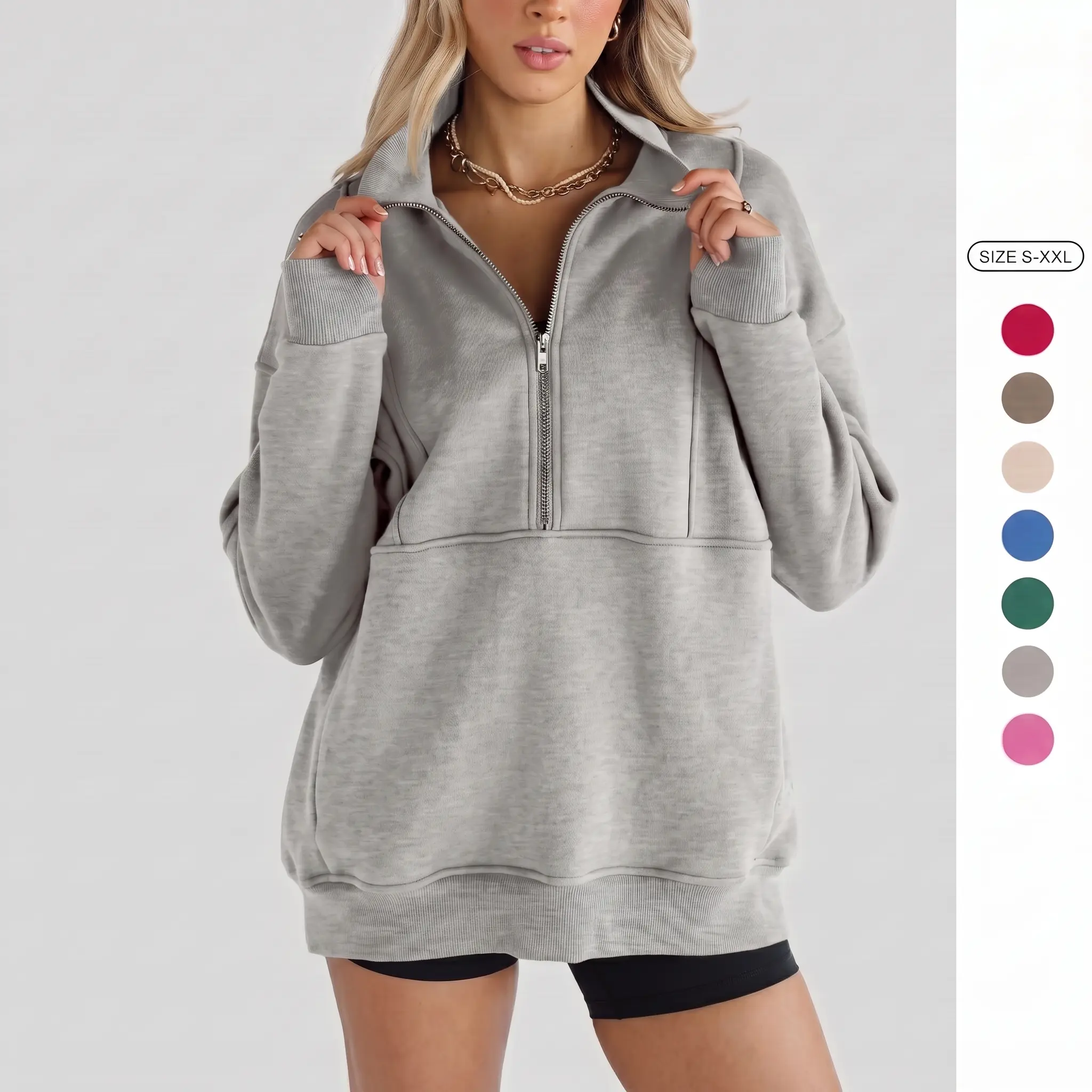 Women's Half Zip Stand Collar Oversized Sweatshirt with Thumb Holes & Pockets - Trendy Long Sleeve Pullover Top for Athleisure, Streetwear & Gym Workout Outfits