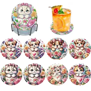 8-Piece Diamond Embroidery Coaster Set Cat Pattern (with Stand), DIY Diamond Art Craft Kit for Beginners, Home Decor Gift, Diamond Painting Kit