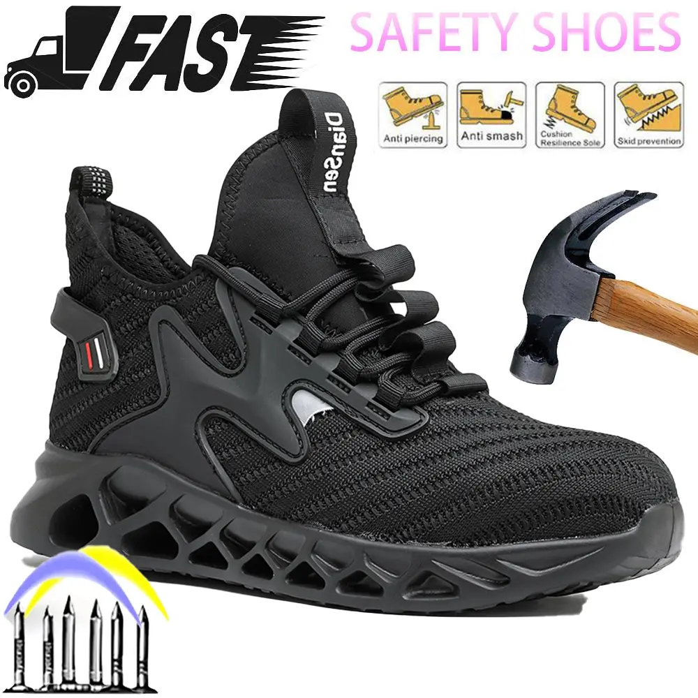 Men's Puncture-resistant Breathable Safety Shoes, Lightweight Steel Toe Impact-proof Industrial Footwear, Black Sport Hiking Work Boots, Protective Work Shoes for Construction & Outdoor Workers