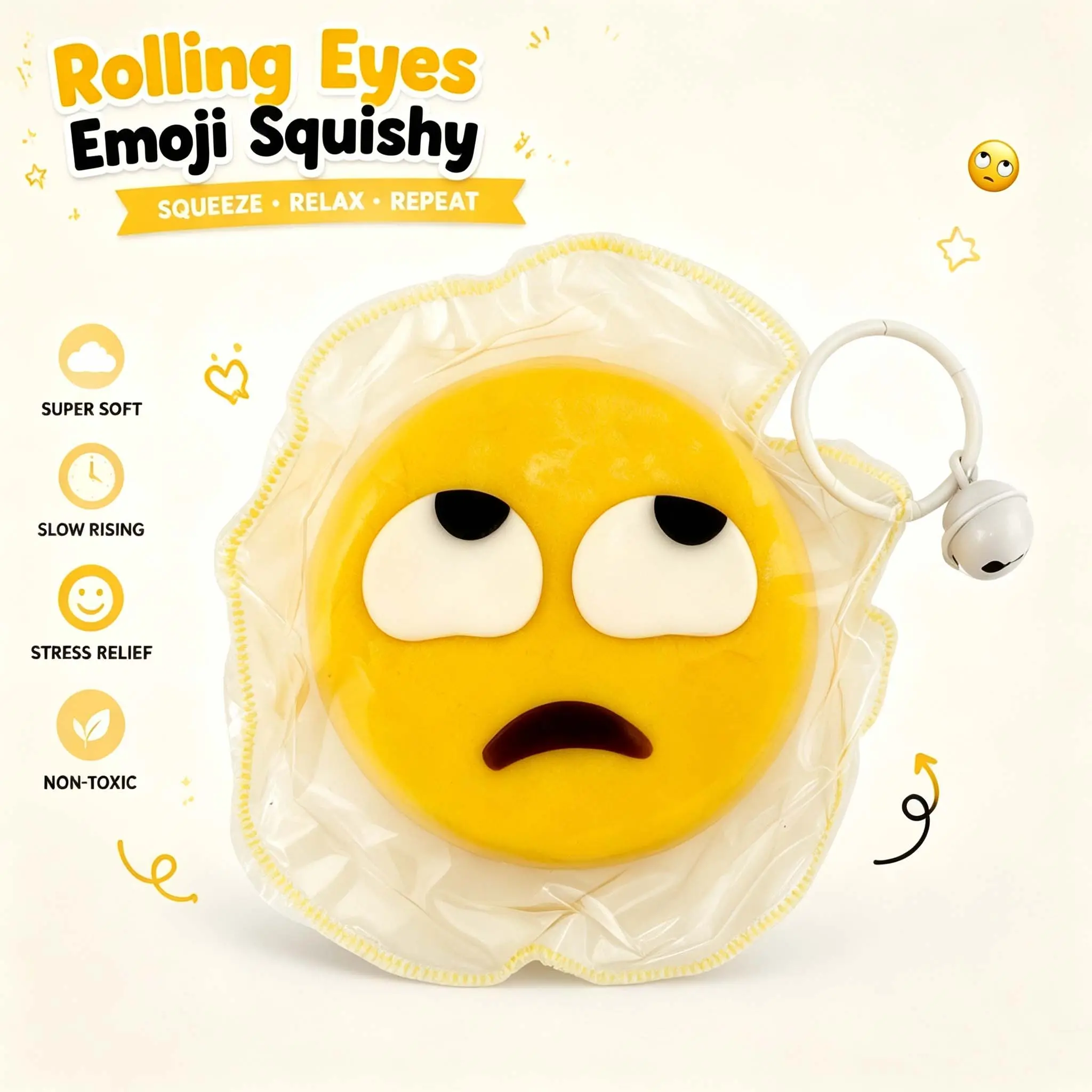 Rolling Eyes Emoji Squishy Toy, Funny Stress Relief Fidget Toy, Cute Soft Squeeze Keychain for Kids Teens Adults, Kawaii Desk Decor Gift