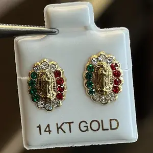14k Virgen Mary CZ Screw Back Earrings