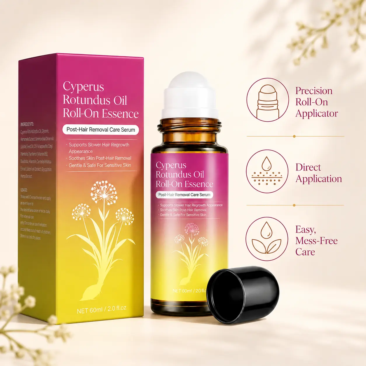 Cyperus Rotundus Oil Roll-On Essence, 60ml Post-Hair Removal Care Serum, Mess-Free Targeted Body Care for Legs, Arms and Underarms, After Shave and Waxing Skin Care