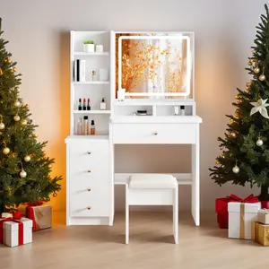 Makeup vanity set with mirror and lights, the vanity features 3 color modes, jewelry storage, multiple drawers and shelves, and a padded stool, White bedroom dressing table