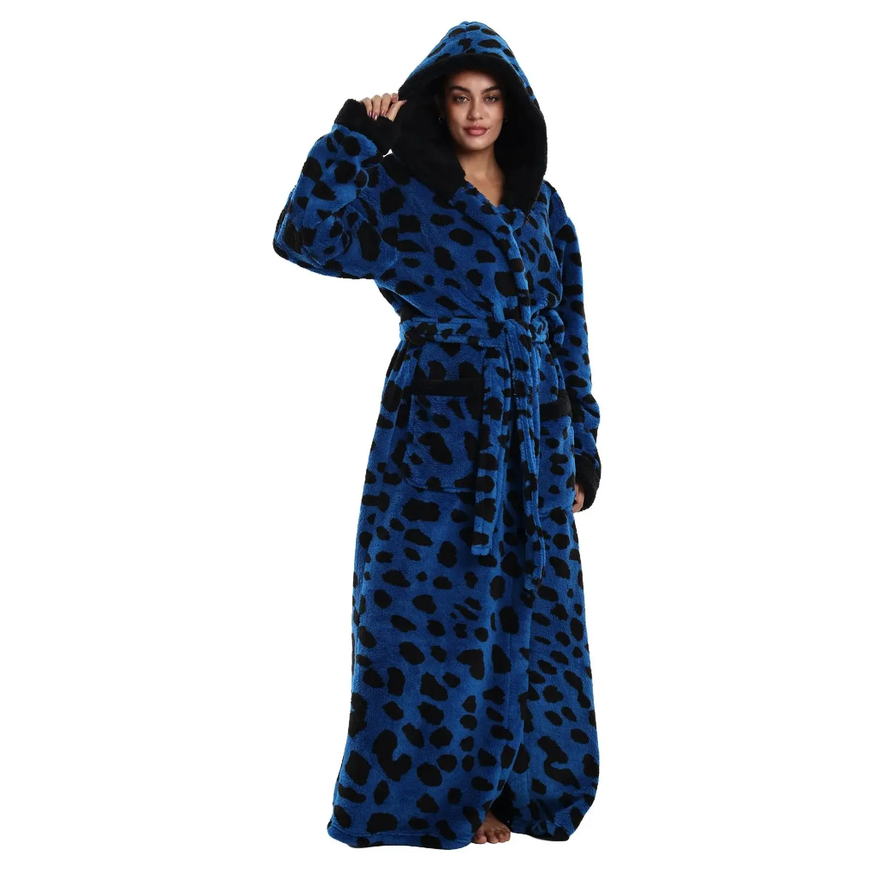 Msrlassn Cozy Soft Blue Leopard Bathrobe Flannel Lined Hooded Robe for Women