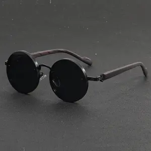 Men's Round Metal Rimless Eyewear w/ Wood Grain Detail - Casual Style for All Day