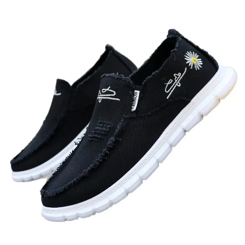 Women's Low Top Loafers, Casual Canvas Flats with Daisy Embroidery and Distressed Frayed Hem, Non-Slip Wear-Resist Sole for Holiday, Fabric