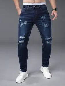 Men's Slim-Fit Denim Jeans, Retro Style, Zipper Fly Closure, Plain Pattern, All-Season Wear, Perfect for Daily & Outdoor Activities, Denim Trouser