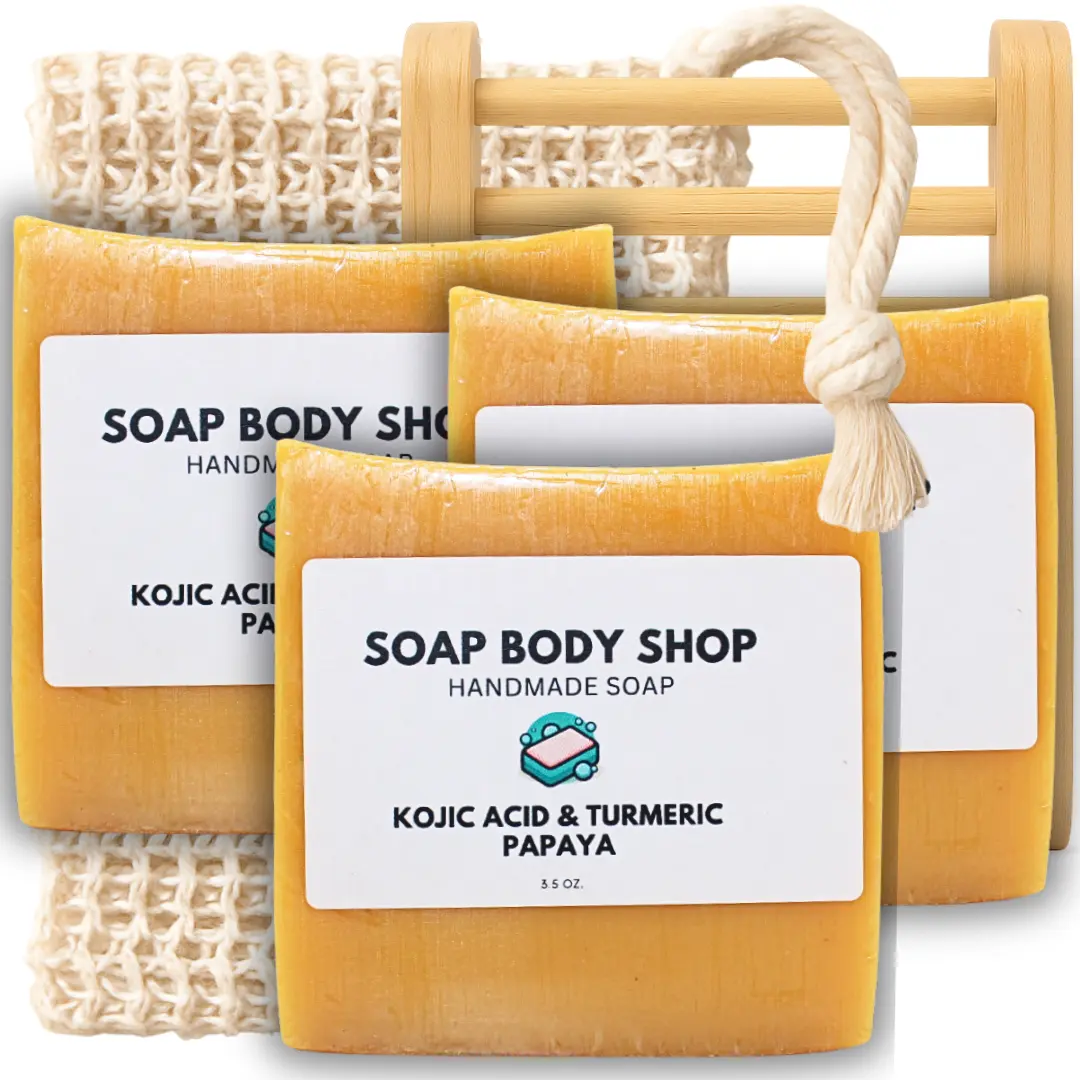 Papaya & Turmeric Kojic Acid Soap, Unscented, 3-Pack, Face & Body Soap Bars with Soap Saver & Tray – Handmade Soap, Coconut Oil & Grapeseed Oil – Gentle Daily Cleanser for Soft, Smooth, Glowing Skin, 3.5 oz Each