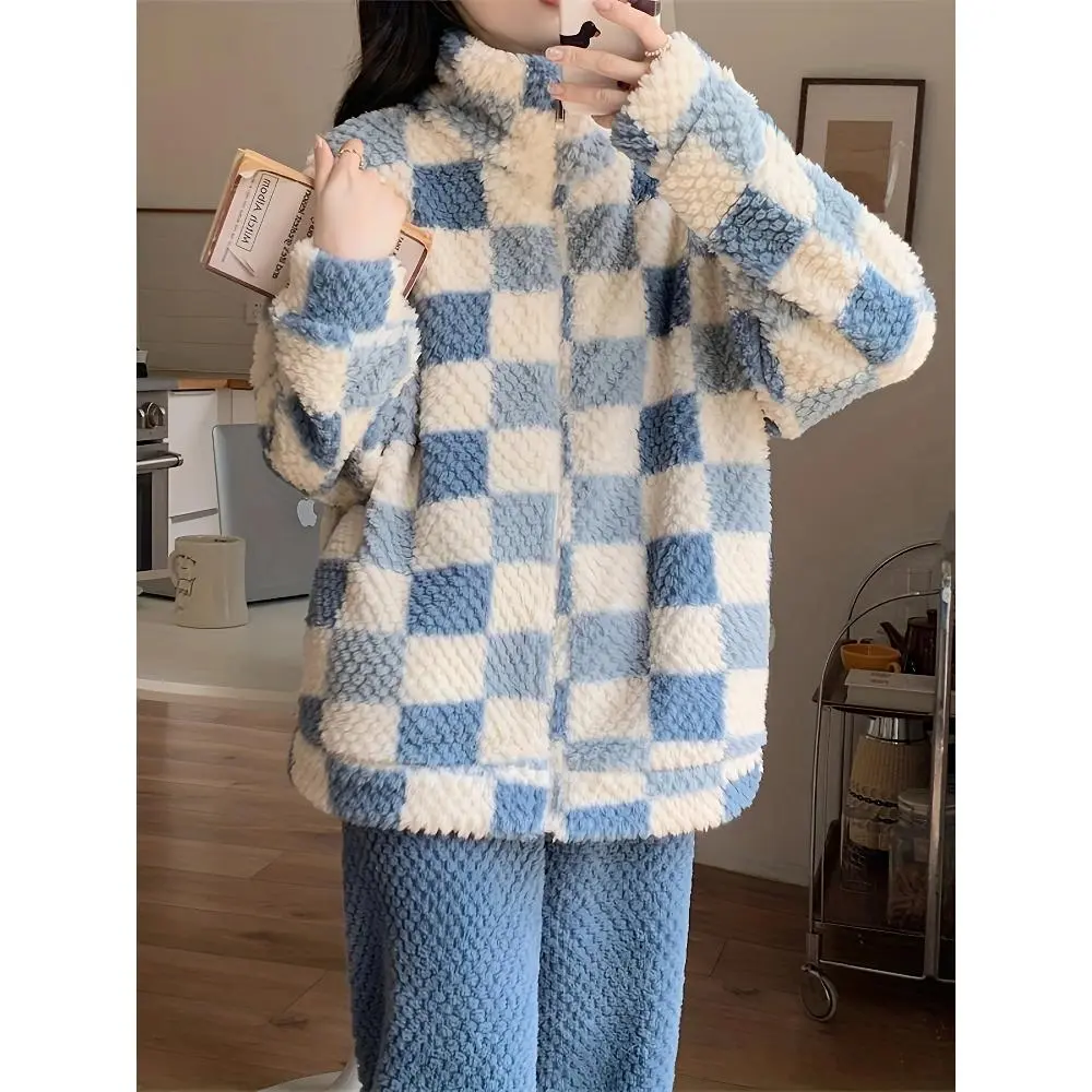 Autumn and winter new coral fleece stand-up collar zipper pajamas set women, thickened warm loungewear