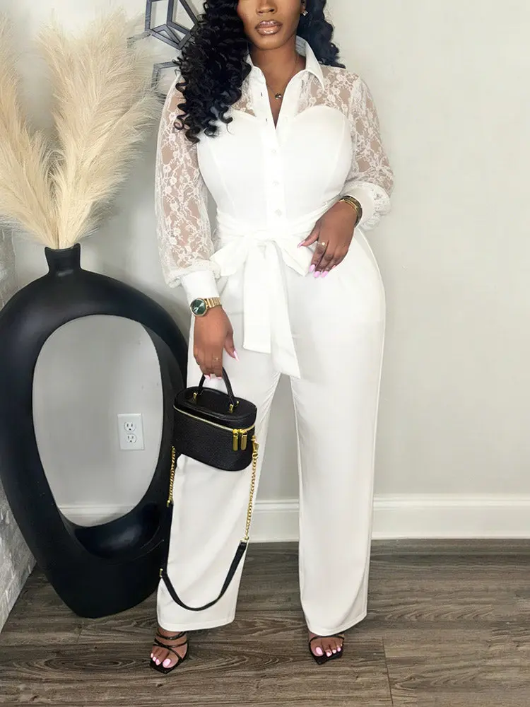 Women's Lacy Solid Collared Long Puff-Sleeve Jumpsuit Overalls - Soft Stretch Fabric, Wide Leg, Button-Detailed Formal Set for Birthday, Evening, Wedding Occasions