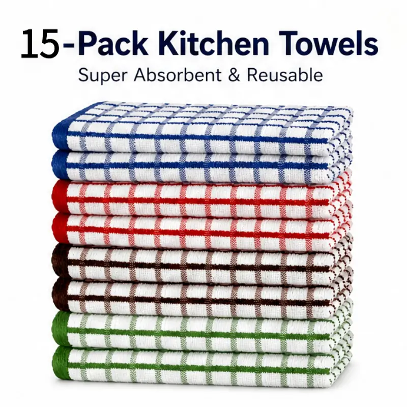 15-piece multipurpose kitchen cleaning towels, suitable for wiping tables and washing dishes, ultra-absorbent and thickened, reusable kitchen household rags in red, brown, green, and blue colors, ideal for home use and housewarming gifts