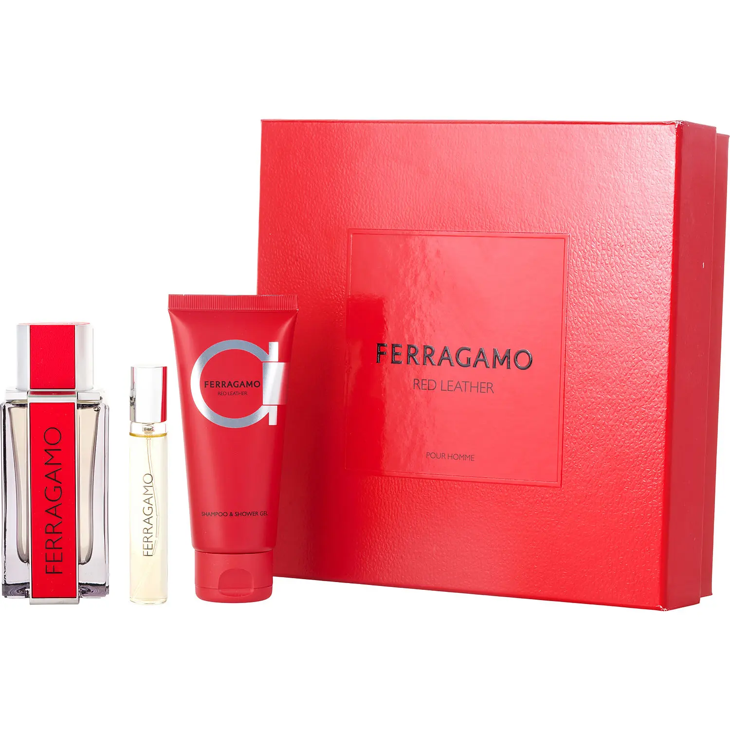 Ferragamo Red Leather Set-Eau De Parfum Spray 3.4 Oz & Shampoo And Shower Gel 3.4 Oz & Eau De Parfum Spray 0.5 Oz Mini For Men
