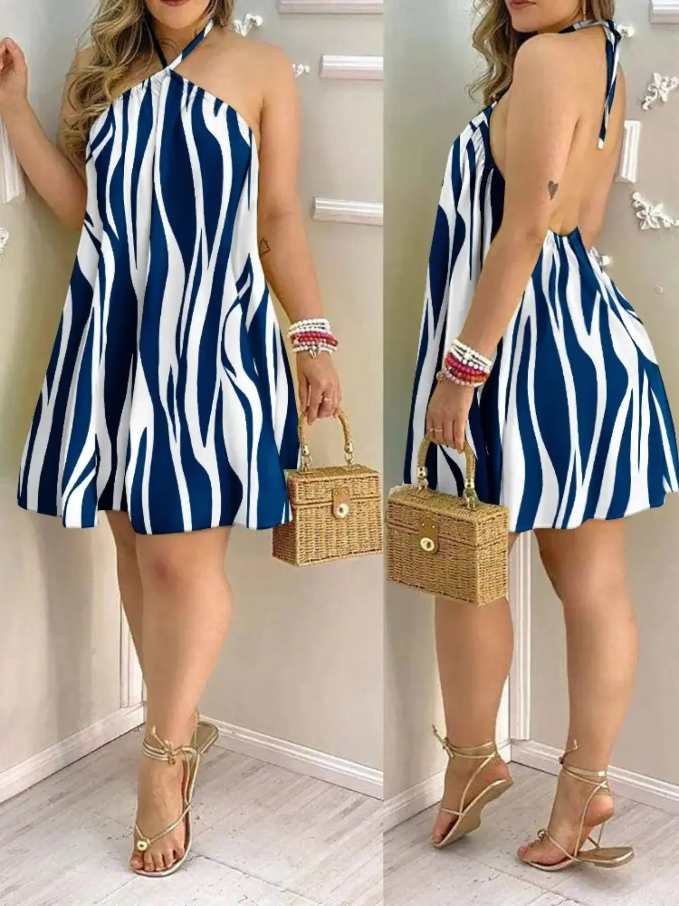 Women's Sexy Backless Halter Tie-Back Dress, Polyester Bohemian Print, Summer Beach Vacation, Sleeveless Mini Dress