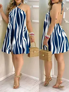 Women's Sexy Backless Halter Neck Sleeveless Dress, Striped Print, Summer Beach Vacation, Casual Fashion, Casual Wear, Perfect for Travel