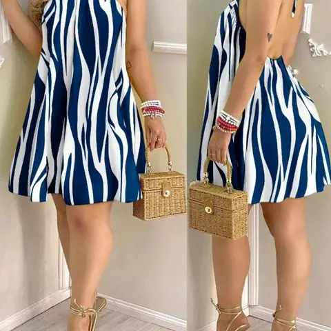 Women's Sexy Backless Halter Tie-Back Dress, Polyester Fabric, Bohemian Style, Boho Fashion Dress, Summer Wear for Beach & Vacation, Sleeveless Dress