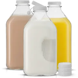 Glass Milk Bottles with Lids and Pourer – 64 Oz, 3 Pack Airtight Heavy Duty Reusable Glass Bottles, Leakproof, BPA-Free, Food Grade, Dishwasher Safe Jug, Pitcher for Milk, Juice, and Water