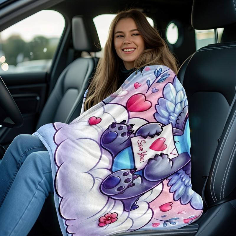 Cute Angel Stitch Cloud Theme Flannel Blanket, Light Blue Bottom, Winged Stitch Hugging Heart Card, I Love You Design, Valentine's Day Gift