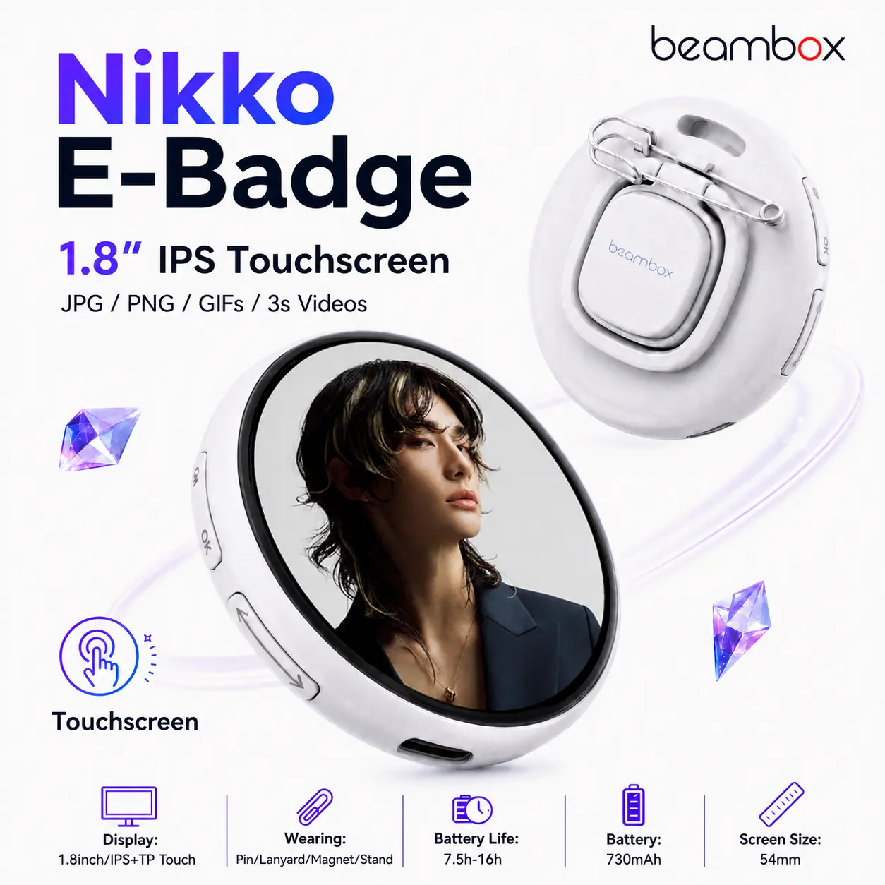 Beambox Digital Badge-Nikko LED Display  Pin - Custom DIY Video Badge, Anime Bag Charm, Personalized Gift for Creators & Tech Lovers