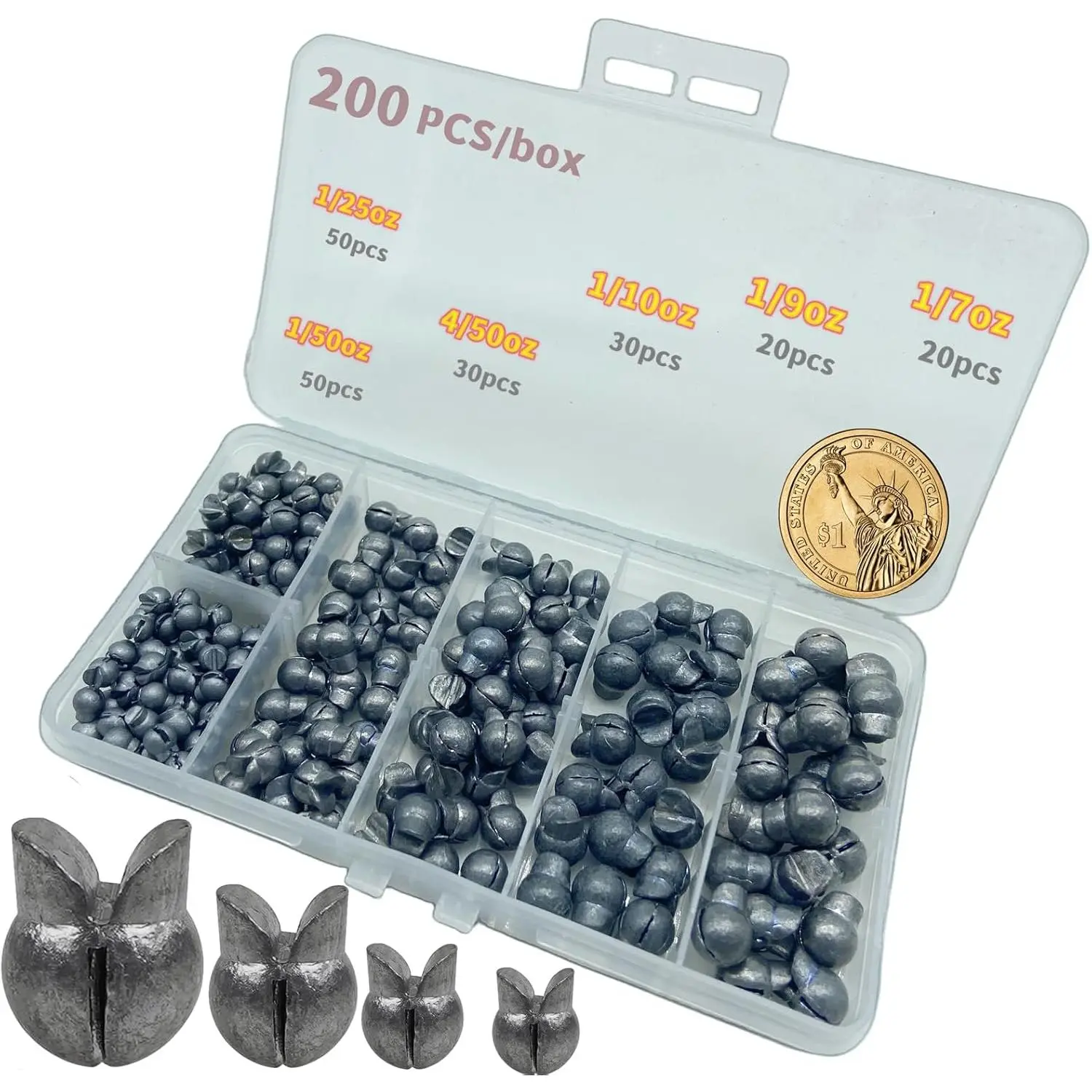 200Pcs/Box Big Size Removable Split Shot Fishing Sinkers(1/7oz,1/9oz,1/10oz,4/50oz,1/25oz,1/50oz Mixed),Adjust Open Mouth Design Fishing Weights Clip  Freshwater Saltwater