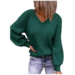 Women's V Neck Long Sleeve Sweater, Casual Fashion Pullover for Fall & Winter, Soft Knitwear for Daily Wear, Ladies' Clothing Essentials