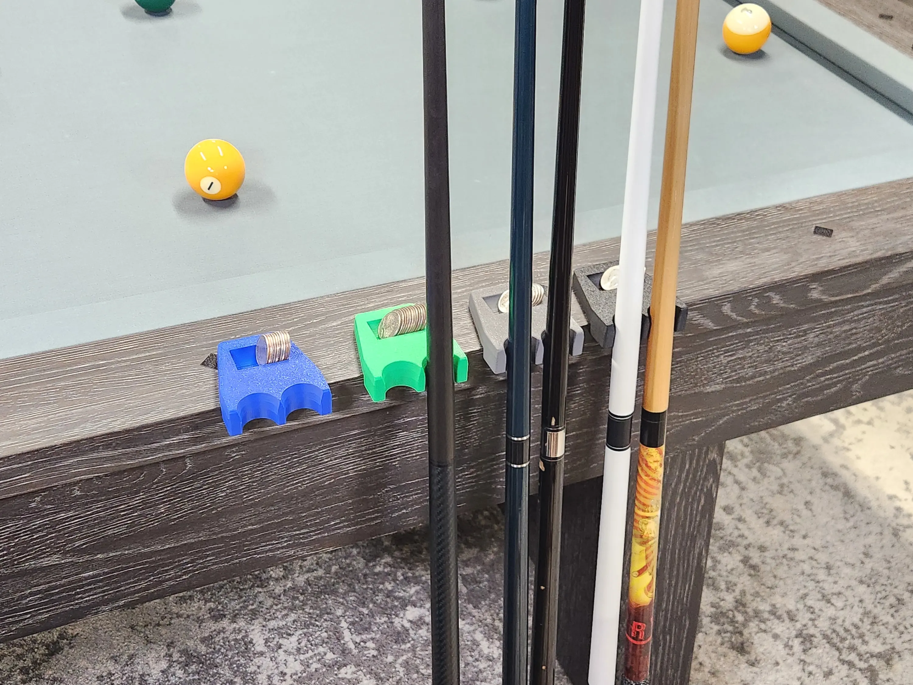 Pool cue table holder, billiard stick rest, shaft storage, quarter carry slot