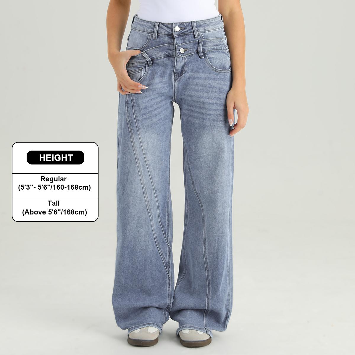 KatchMe Women's High Waist Patchwork Wide Leg Jeans, Vintage Fake Two-Piece Durable Denim Trousers, Baggy Stretchy Soft Pants, Versatile Wrinkle-Resistant Womenswear