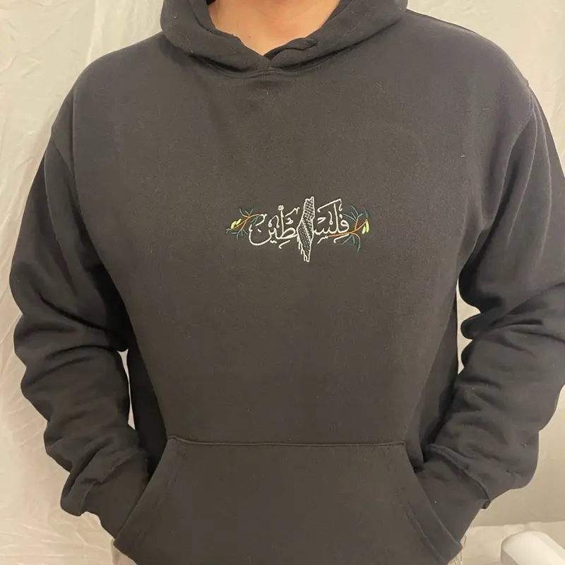 Embroidered Palestine Keffiyeh & Olive Hoodie - Black Pullover with Unique Design