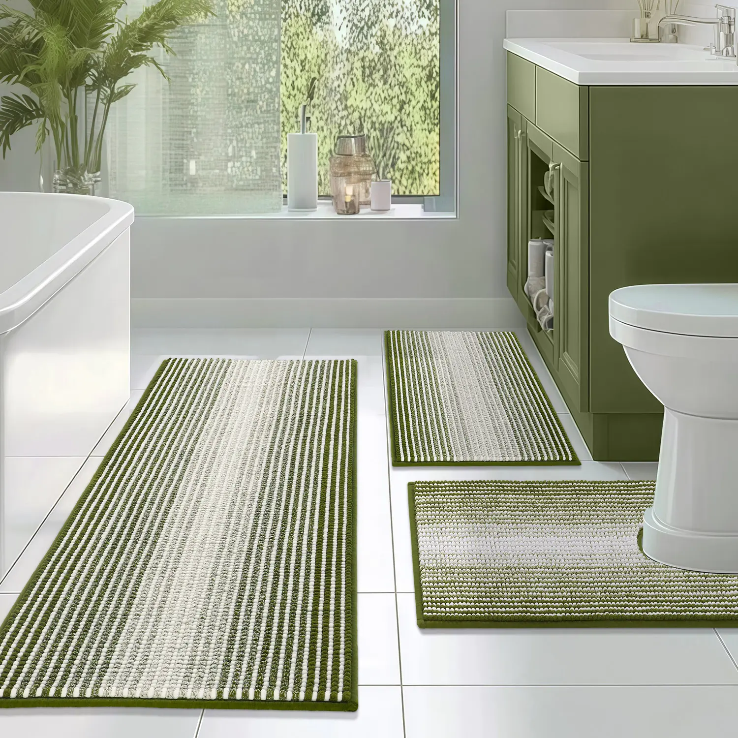 BSICPRO 3-Piece Striped Fluffy Bath Rug Set, U-Shaped Toilet Mat Non-Slip Absorbent Chenille Mats for Stairs & Elderly | Pet Friendly Multi Sizes & Colors for Bedroom Dorm Living Room, Back to School Home Decor Essentials