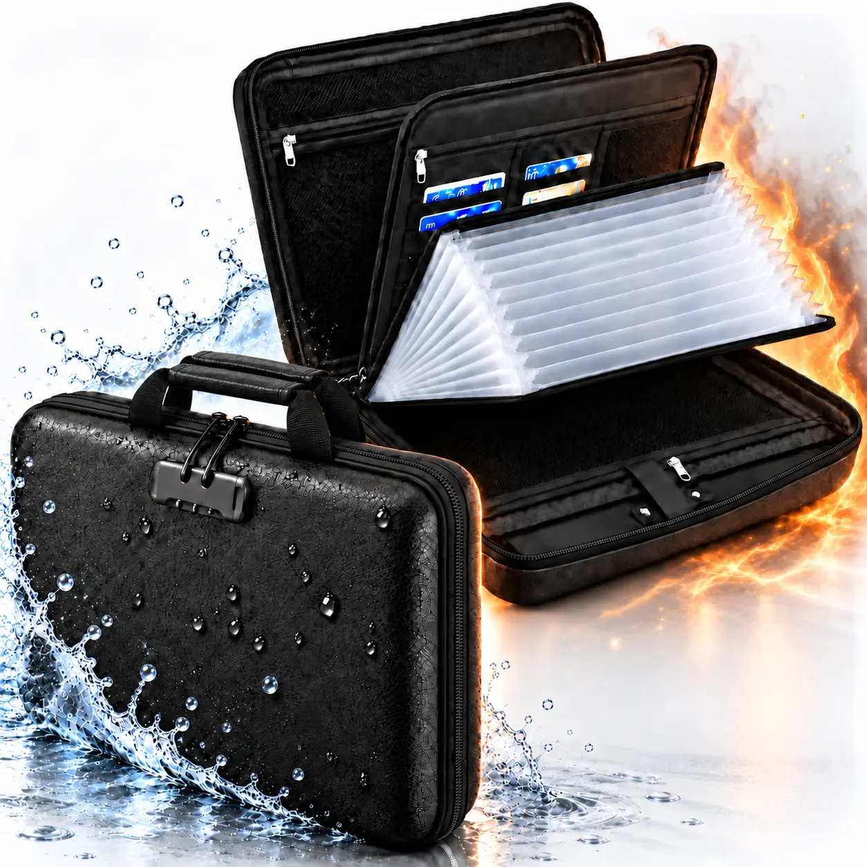 Men's Fire-Resistant Hard Shell Document Organizer, Silicone-Coated Accordion File with 12 Card Slots, Multiple Zippered Mesh Pockets, Spacious Storage Compartments for Important Papers, Passports & Office Travel Essentials