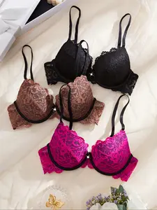 Women's Sexy Chic Lace Contrast Design Bra Set, Comfortable Elegant Fit Push-Up Underwear, Regular Underwire, 3-Piece Pack