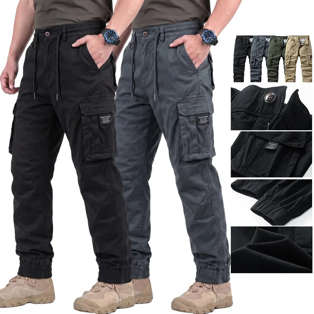 Men’s casual fashion tactical cargo pants — multi-pocket design, multifunctional long pants, 100% cotton fabric, drawstring waist, breathable and comfortable, suitable for hiking, mountaineering, camping, and everyday casual wear.