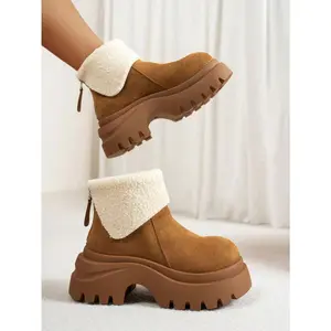 Women's Winter Snow Boots 2025 Thermal Lined Thickened Waterproof Anti-Slip Camel Suedette & Fur Boots with Lace-Up Metal Eyelets Fur Lining Holiday Western Style for Casual Home Use Petite Height Increase Fluffy Fur Cuff Walking Shoes Girl Footwear Legac