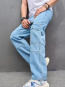 Men's Solid Flap Pocket Cargo Jeans, Loose Casual Straight Leg Denim Pants for Daily Wear, Fashion Men's Bottoms for All Seasons, Jeans, Cotton, Menswear
