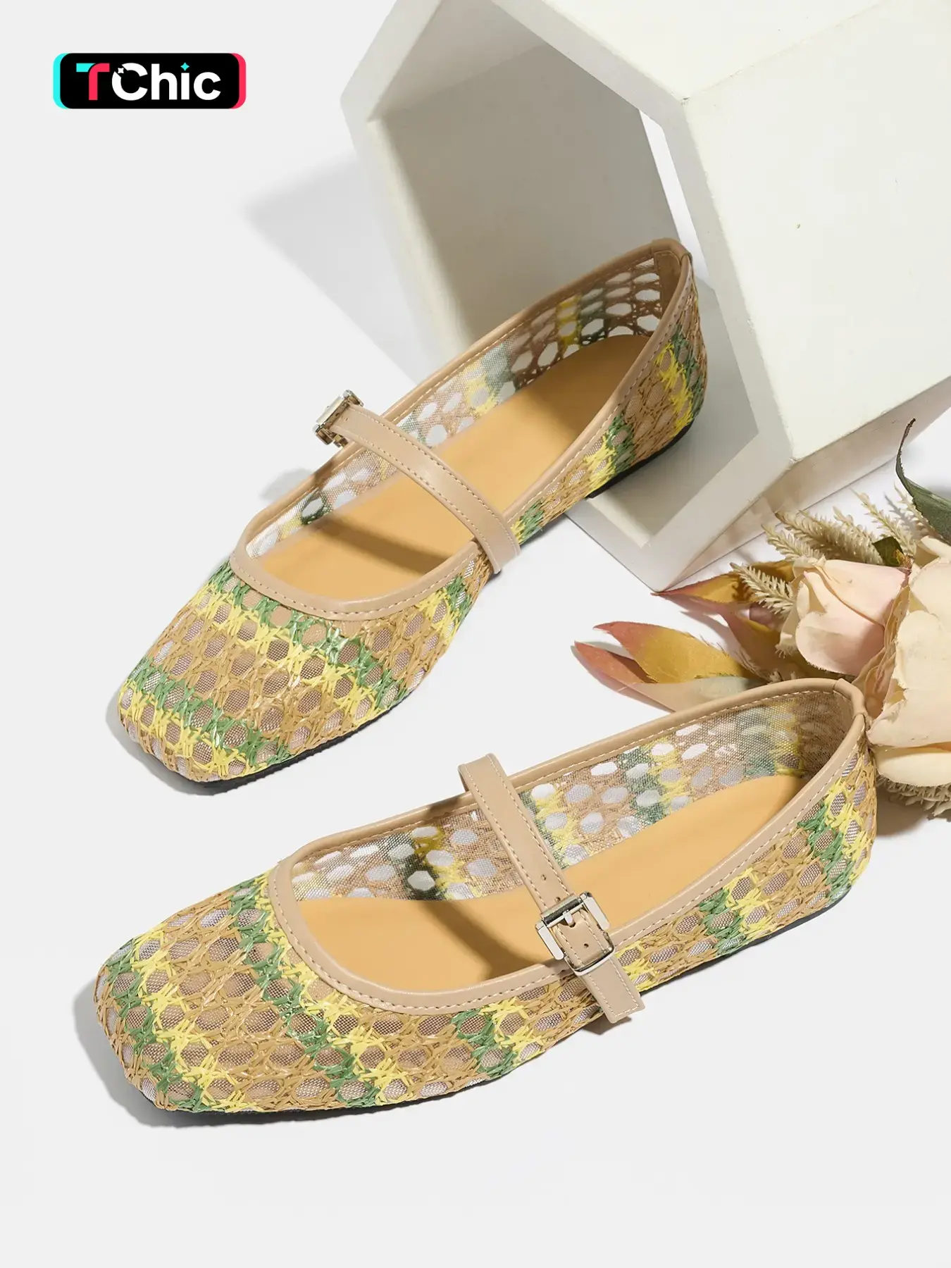 2026 New Holiday Style Woven Mesh Flat Shoes, Soft Sole Fashionable Flats, Summer Square Toe Breathable Casual Sandals, Fashion Comfort Soft Sole Mary Jane Shoes