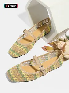 2026 New Holiday Style Woven Mesh Flat Shoes, Soft Sole Fashionable Flats, Summer Square Toe Breathable Casual Sandals, Fashion Comfort Soft Sole Mary Jane Shoes