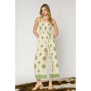 Umgee Smocked Printed Wide Leg Jumpsuit