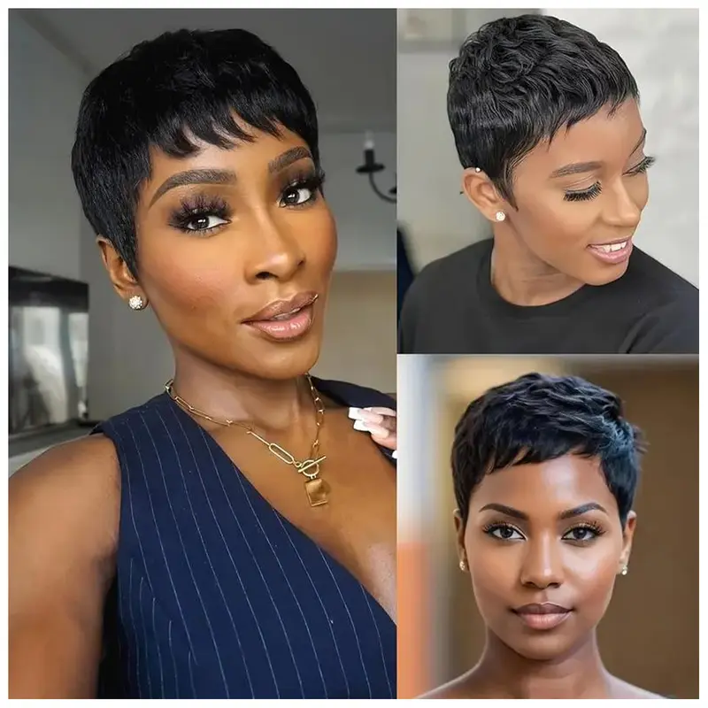 OPQHAIR Pixie Cut Short Bob Wig for Straight Wigs with Bangs Machine Made Natural Color Wig No Lace Front Rose Net Cap for Everyday Style Wig Modern Look