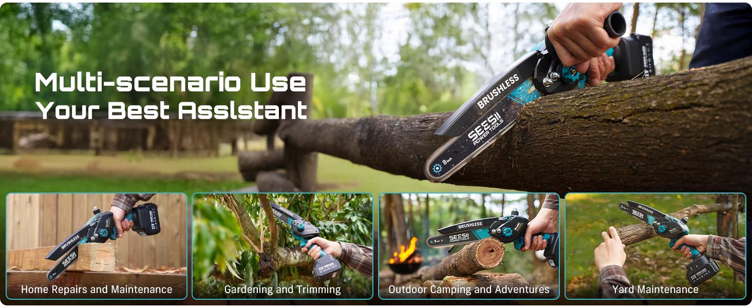 SEESII Mini Chainsaw Cordless, 8 Inch & 6 Inch Electric Chainsaw with 2 Batteries & Auto Oiler, 1000W Brushless Handheld Chain Saw for Tree Branch Wood Cutting, Garden Tools Gift for Men Dad Husband M8 Ace CS800  #NewArrival